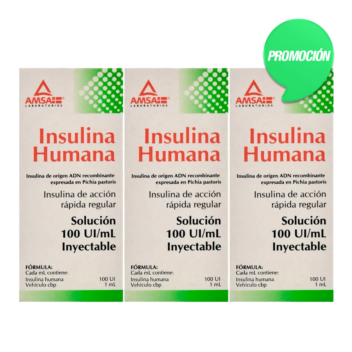 Promoción: 3 frascos de insulina rápida regular, marca AMSA, 10 ml, 100UI/ml.