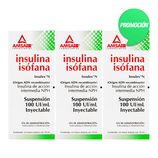 Promoción: 3 frascos de Insulina Isofana NPH 100UI/ml, solución  inyectable, marca AMSA, frasco ámpula 10 ml.