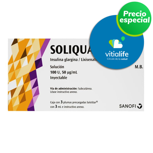 Soliqua®, 100 U, 50 μg/mL, 3 plumas  precargada con 3 mL