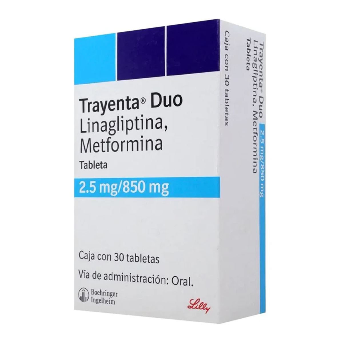 Trayenta Duo 2.5/850 mg, caja con 30 tabletas.