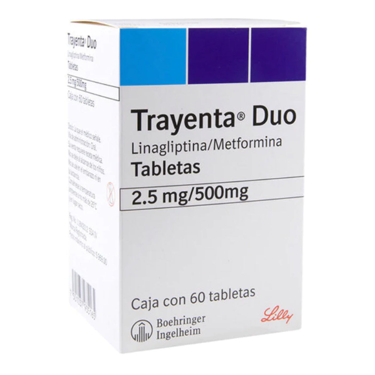 Trayenta Duo 2.5/500 mg, caja con 60 tabletas.