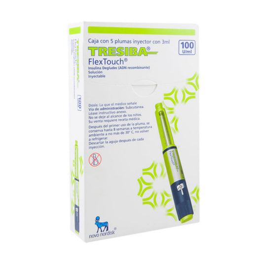 Caja con 5 plumas inyector con 3 ml Flextouch®, insulina Degludec (ADN recombinante), marca Tresiba®, 100 U / ml