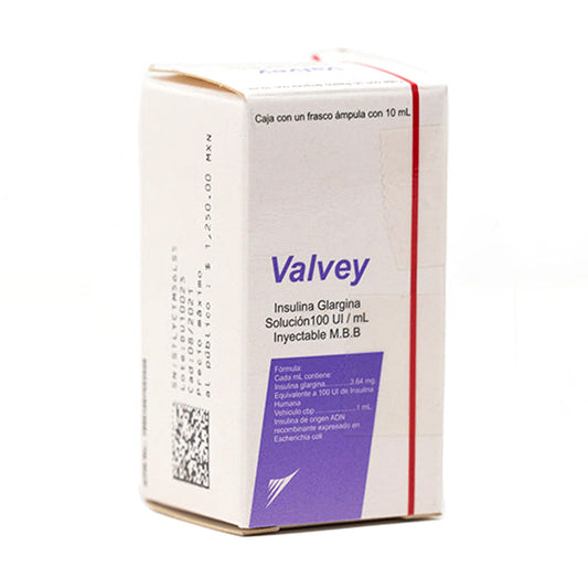 Paquete: 2 frascos de insulina glargina, marca Valvey, 10 mL, 100 UI / mL