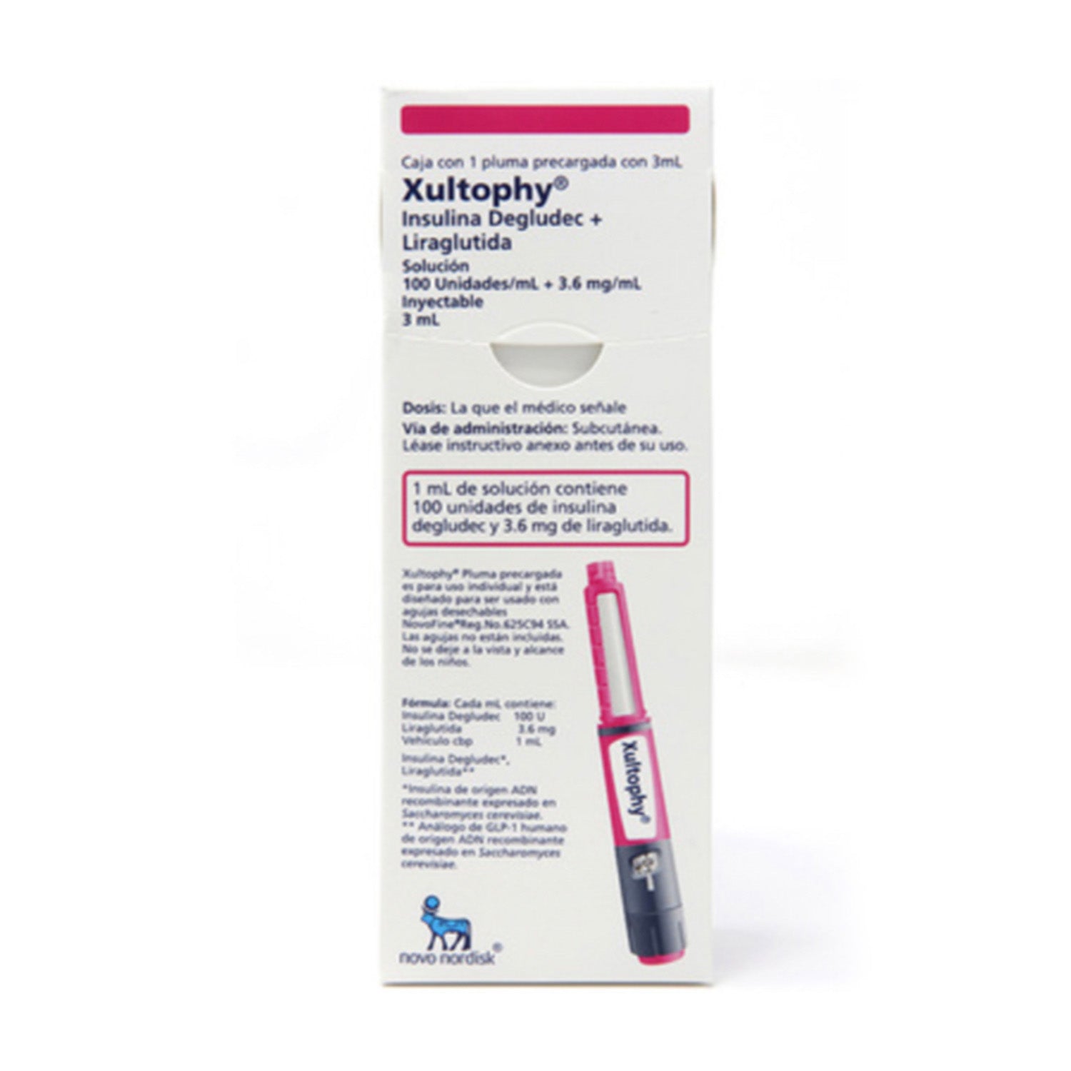 Caja con 1 pluma precargada con 3 mL, insulina degludec + liraglutida, marca Xultophy®, 100 Unidades/mL + 3.6 mg/mL