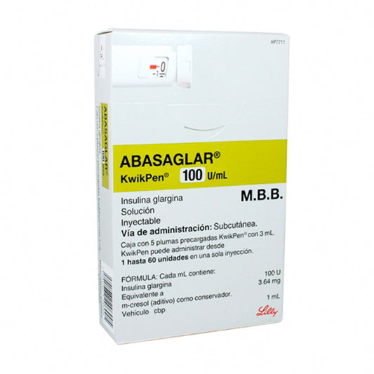 Caja con 5 plumas precargadas KwikPen® con 3 mL, insulina glargina, marca Abasaglar®, 100 U / ml