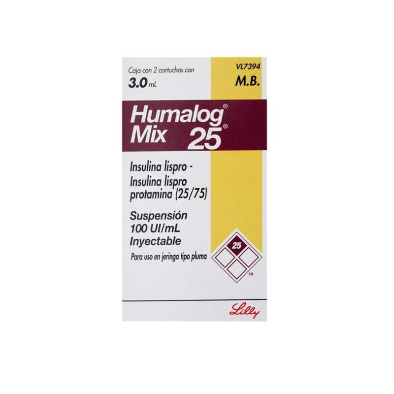 Insulina lispro protamina (25 / 75), marca Humalog® Mix 25®, 3 mL, 100 UI / mL, caja con dos cartuchos