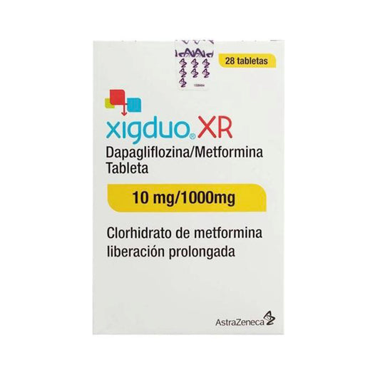 Dapagliflozina / Metformina, marca Xigduo Xr®, 10 mg/ 1000 mg, 28 tabletas