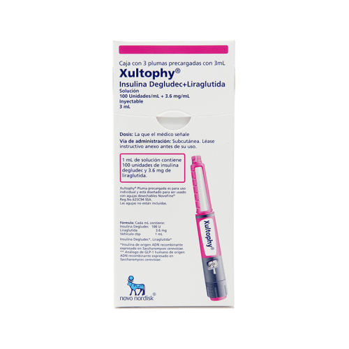 Caja con 3 plumas precargadas con 3 mL, insulina degludec + liraglutida, marca Xultophy®, 100 Unidades/mL + 3.6 mg/mL